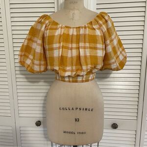 MNG by Mango Yellow Plaid Cotton Cropped Peasant Top Sz-S NWT!